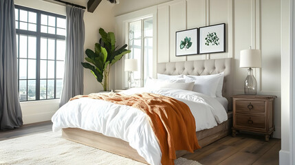 A modern bedroom with a large bed, a large window, and a plant in the corner.