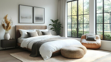 A modern bedroom with a large bed, a leather armchair, a large window, and a plant.