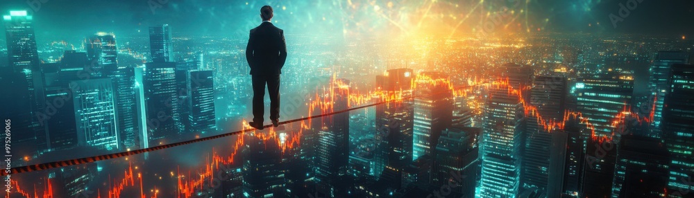 Poster navigating volatility: trader balancing on stock price tightrope between growth and collapse