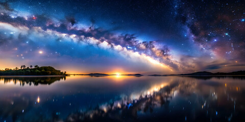 Naklejka premium Milky Way galaxy and starry night sky reflected in serene waters, Milky Way, night sky, stars, reflection, calm, tranquil