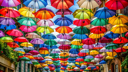Fototapeta na wymiar Colorful umbrellas creating a vibrant tapestry in a rain-soaked street , umbrellas, rain, crowd, colorful