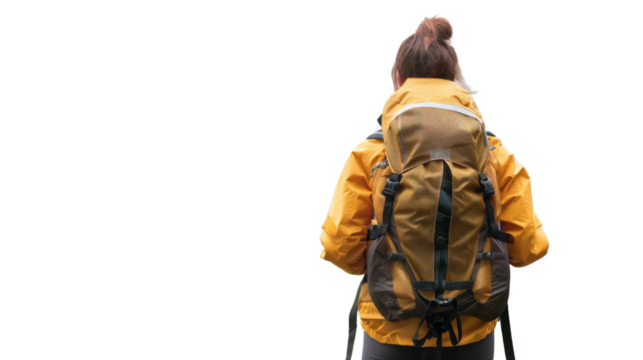 Hiking woman with backpack back view on transparent background - Powered by Adobe
