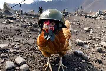 chicken in world war 3 wearing protection armor. survival for fittest. Generative AI