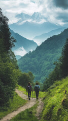 Obraz premium Hikers trekking on a mountain trail, surrounded by lush greenery, bright natural daylight, focus on adventure and exploration, expansive view of distant peaks and forests, active and inspiring scene