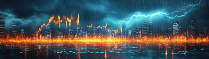 Fototapeta premium Financial Crisis Looming: Stock Symbols in Stormy Sky with Lightning Flashes