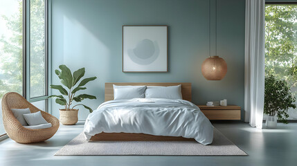 A modern bedroom with a large bed, a wicker chair, a potted plant, and a framed print on the wall. The room has large windows that let in natural light.