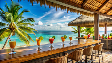 Tropical beach bar with refreshing cocktails and ocean views , beach, tropical, bar, cocktails, ocean, breeze, vibes