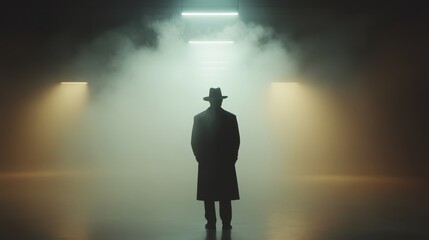 Obraz premium A Shadowy Figure Embraced by Fog: The Essence of Noir in a Captivating Atmosphere