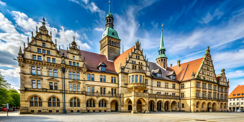 Fototapeta premium Rathaus building in Bielefeld, Germany , historic, architecture, city hall, landmark, tourist attraction, travel, European