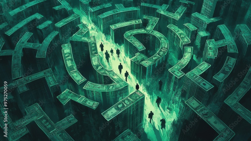Poster navigating the volatile stock symbol maze: investors strategizing through complex financial paths