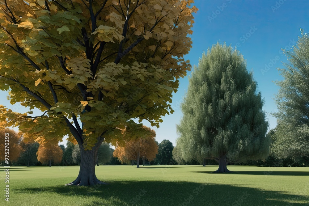 Poster Striking 3D Models of Deciduous Oak and Ash Trees with Intricate Ground Shadows for Digital Artwork and Environmental Studies