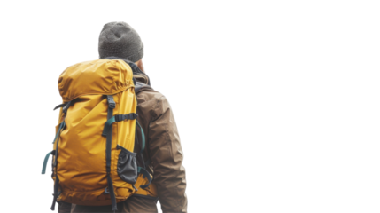Hiking man with backpack back view on transparent background