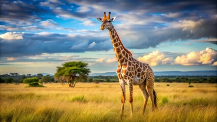 Obraz premium The giraffe's long neck and large eyes soar above the African savanna, its gentle giant stature a breathtaking