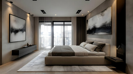 A modern bedroom with a large bed, two abstract paintings, a balcony, and a view of the city.