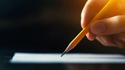 Hand gripping a pencil, marking a selection on an official ballot form, voter decision, active participation