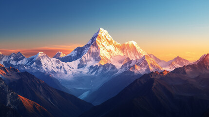 Majestic snow-capped mountains at sunrise, golden light hitting the peaks, clear blue sky, peaceful and awe-inspiring atmosphere, sharp and detailed landscape with deep valleys and rugged terrain