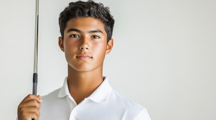 Serene Golfer: Young Man with Golf Club in Natural Light on White Background