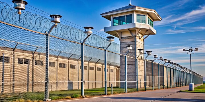 * This maximum-security prison is surrounded by imposing razor-wire-topped walls and watched over by a watchful gaze of