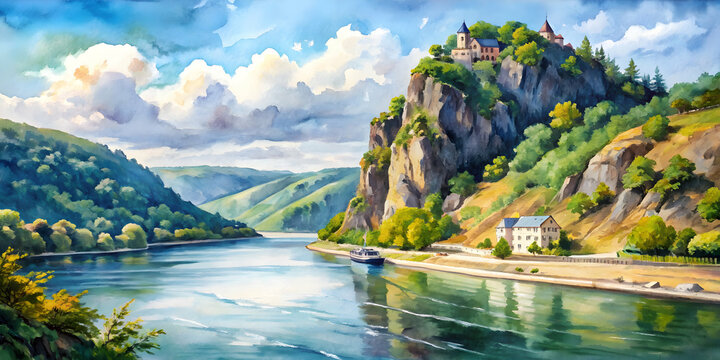 Watercolor painting of Lorelei rock at Rhine gorge in Germany, watercolor, painting, Lorelei rock, Rhine gorge