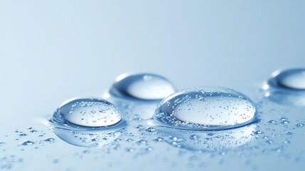 Close-up of clear water droplets resting on a smooth surface, reflecting light and creating a tranquil, serene atmosphere.