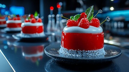 A decadent red raspberry cake topped with whipped cream and mint is a sweet indulgence.