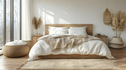 A modern bedroom with a large bed, wooden headboard, white bedding, a wicker ottoman, and a woven rug.