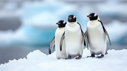 Fototapeta premium Three emperor penguins stand tall on the icy expanse of Antarctica, their silhouettes against the snow.