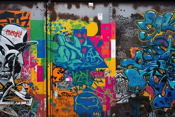 Obraz premium Energetic Playful Collage of Vivid Stencils and Tagging on a Battered Metal Surface Celebrating Urban Street Art