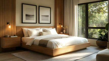 A modern bedroom with a large bed, wooden walls, and large windows overlooking a lush green garden.