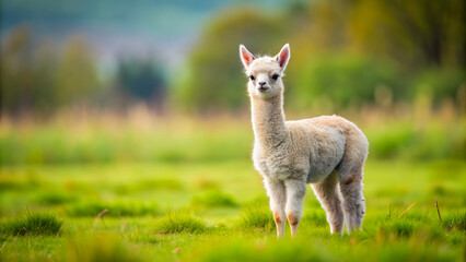 Obraz premium Adorable baby alpaca standing in a field , Alpaca, cute, fluffy, young, animal, wildlife, nature, farm, South America, wool, mammal