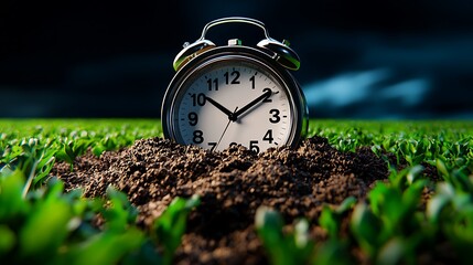 A clock buried in the ground symbolizes the passage of time, urgency, and the weight of deadlines.