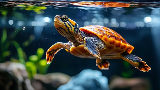 A colorful turtle swims gracefully underwater, its vibrant shell shining in the aquarium.