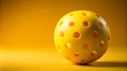 Close-up of a yellow pickleball with holes on a yellow background, pickleball, sport, equipment, game, yellow, texture, round