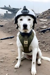 white dog in world war 3 wearing protection armor. survival for fittest. Generative AI