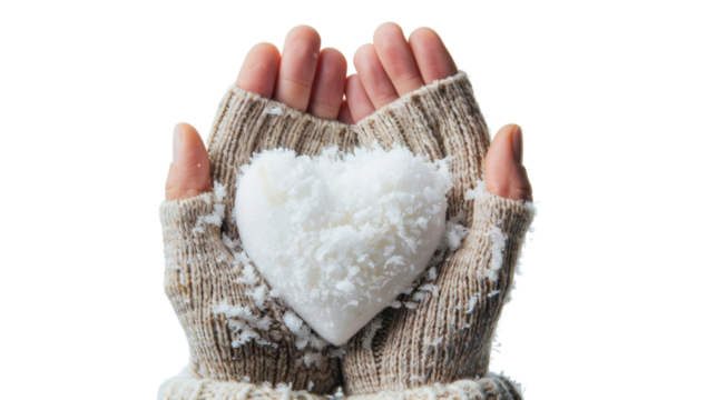 Knitted mittens with heart of snow on transparent background