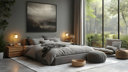 A modern bedroom with a large window overlooking a forest, a large bed with a grey duvet and pillows, a bedside table with a lamp, a chair, a rug, and a basket.