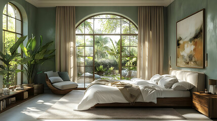 A modern bedroom with a large window overlooking a lush garden.