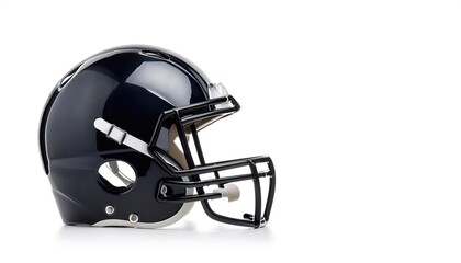Fototapeta premium Black football helmet - a piece of head protective equipment from hard hits, concussions, injuries used mainly in American football and Canadian football. isolated on white background with copy space
