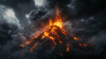 Erupting Volcano Through a Smoky Sky, Digital Painting, Dark Landscape, Fire, Smoke, Ash, Eruption