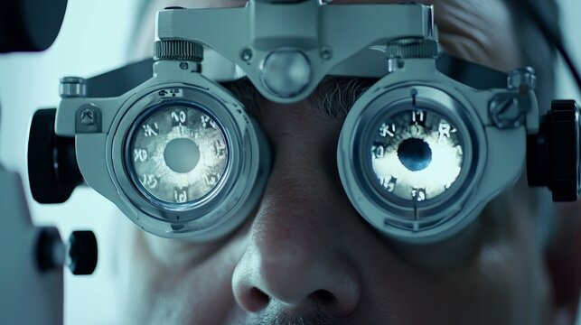 Close-up of a man's face with an eye chart reflected in the lenses of a phoropter, eye exam, vision care, ophthalmology