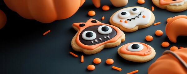 Halloween cookies decorated with candy eyes and monster faces on a fun, colorful table, Halloween treats candy, festive creativity