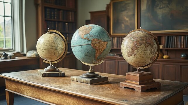 Three Vintage Globes on a Wooden Table, Vintage Glode, Antique Map, World Traveler, Globes, Antique Map, Vintage