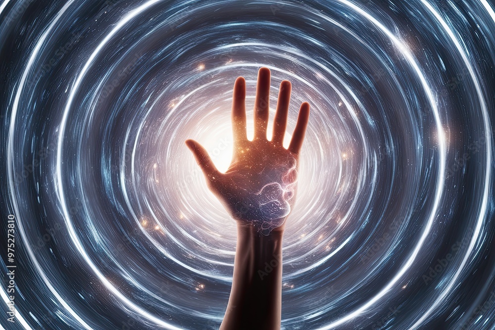 Poster hand extricating from whirling light particles in abstract energy visualization