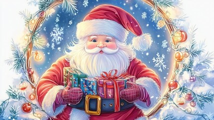 Cheerful Santa holding colorful gifts surrounded by a winter scene.