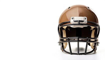 Gold Football helmet is a piece of head protective equipment from hard hits, concussions, injuries used mainly in American football and Canadian football. isolated on white background with copy space