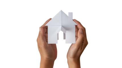 Hand holding paper house on transparent background