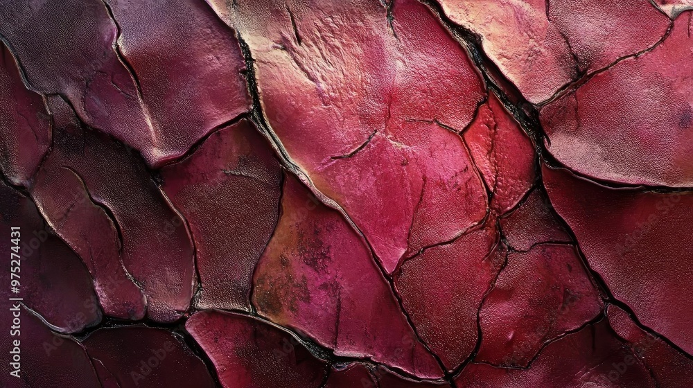 Poster abstract texture of cracked red leather showcasing layers and depth, ideal for backgrounds and artis