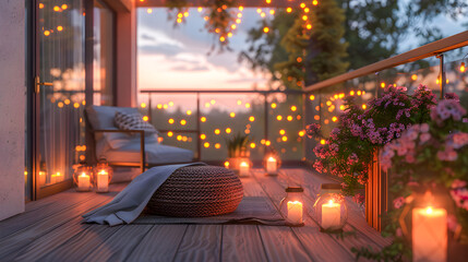 View over cozy outdoor terrace with outdoor string lights. Autumn evening on the roof terrace of a beautiful house with lanterns, digital ai art