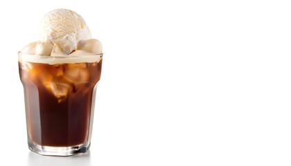 Cold Frozen Root Beer Float made with vanilla Ice Cream.  Old fashioned classic summertime cold beverage snack. isolated on white background with copy space