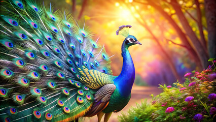 Obraz premium Stunning rendering of a vibrant peacock displaying its iridescent plumage in a lush setting, peacock, vibrant, stunning